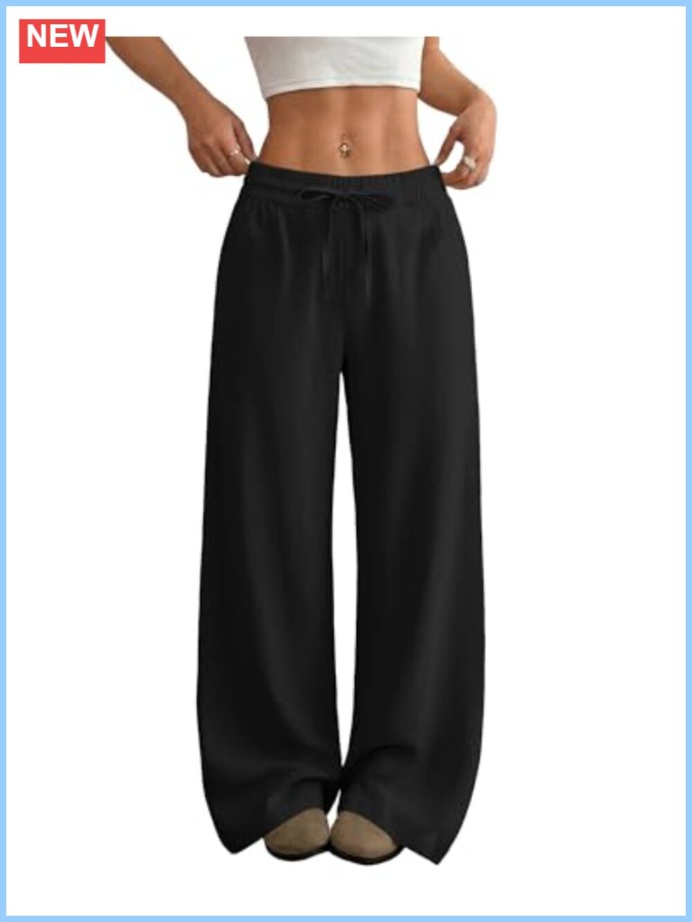 Women's Casual Linen Wide Leg Pants Flowy Drawstring High Waist Beach Trousers